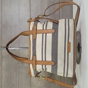 Fossil Striped Canvas Leather Tote Shoulder Bag